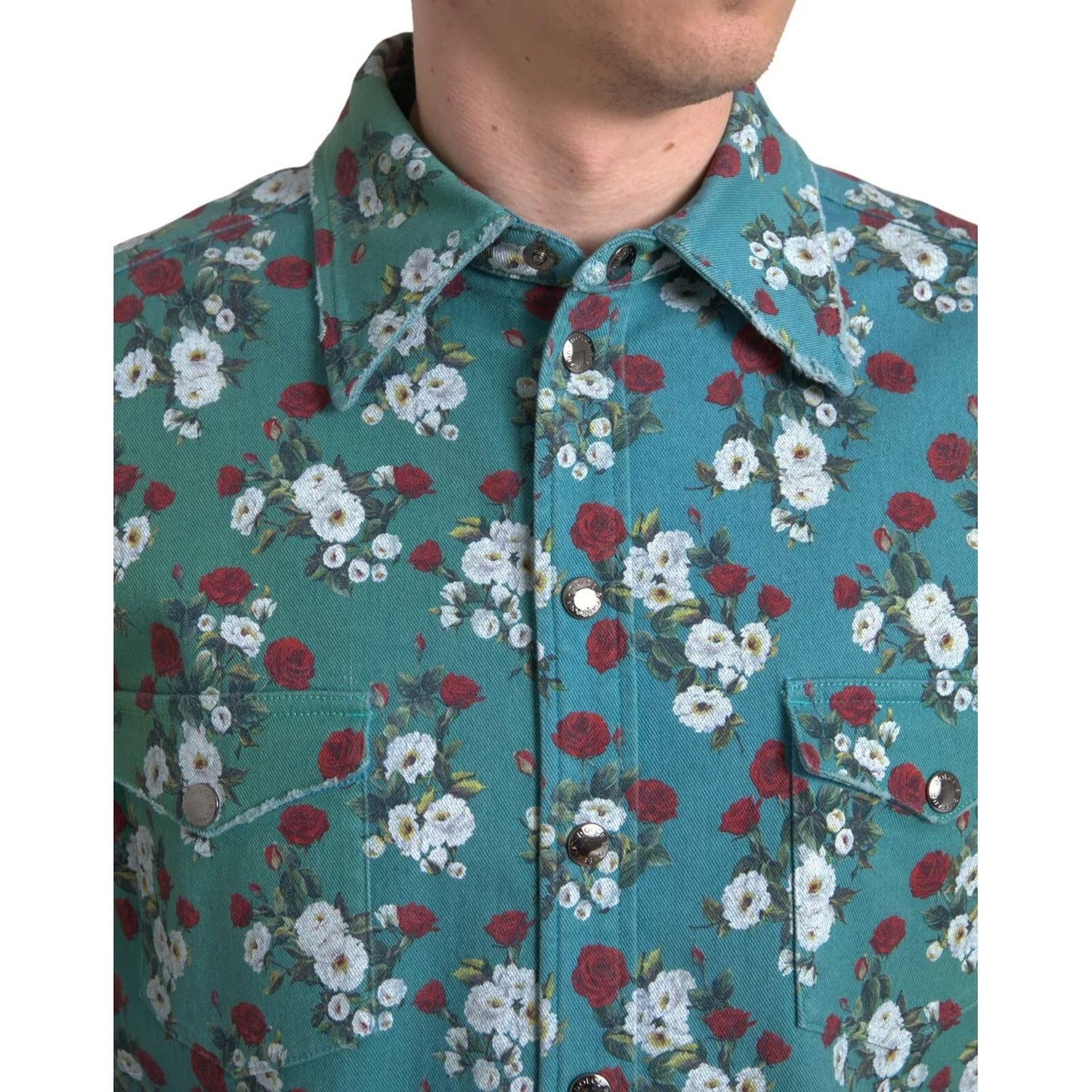 Dolce & Gabbana Blue Floral Cotton Button Down Denim Shirt