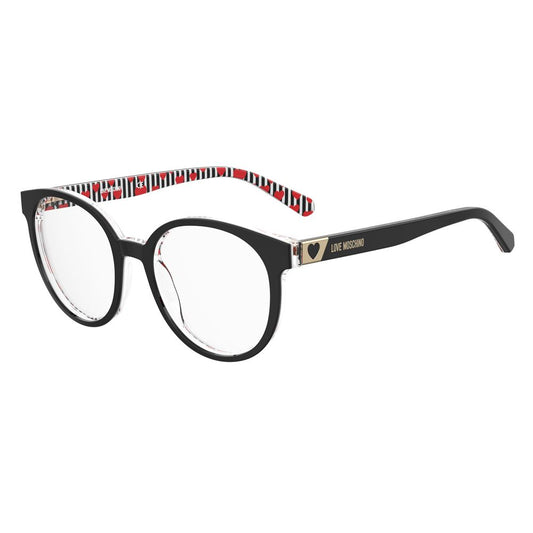 Love Moschino Black Acetate Frames MOL584-807 eyeglasses with black round lenses and logo design, 52/18/140 mm size.