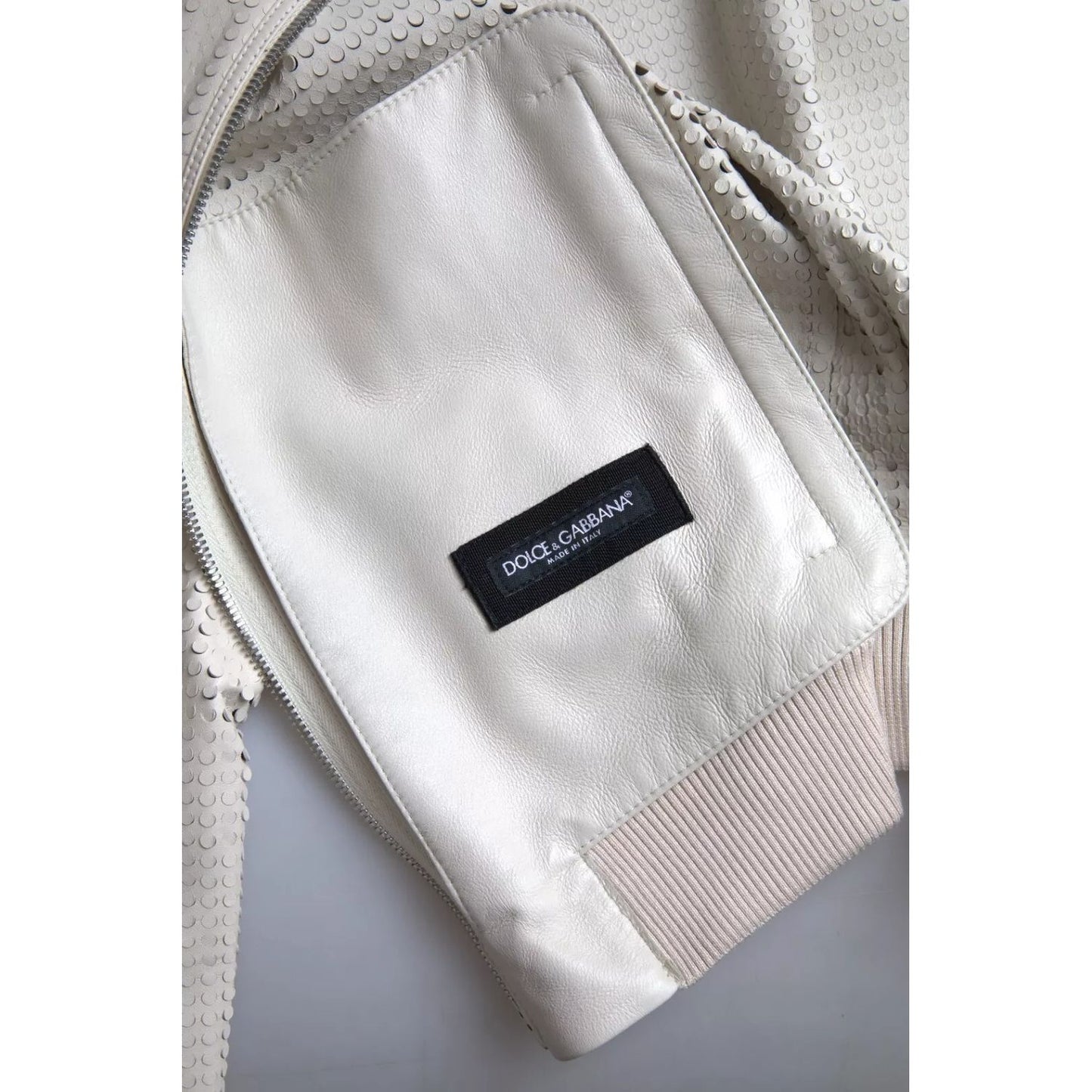 Dolce & Gabbana Off White LeatherPerforated Full Zip Jacket