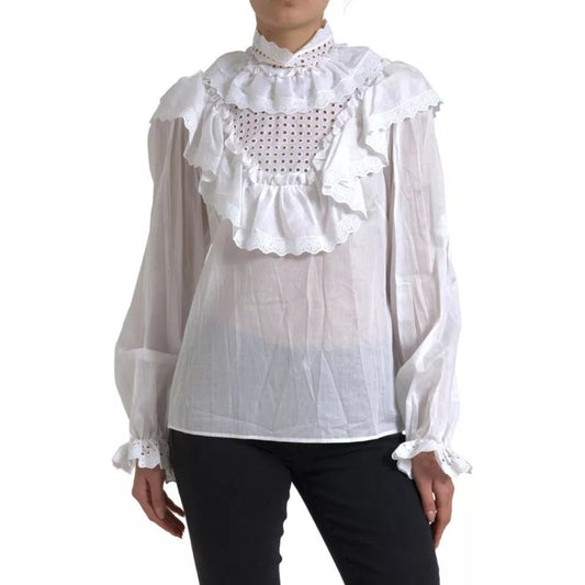 Dolce & Gabbana White Cotton Lace Trim Turtle Neck Blouse TSH83735-46