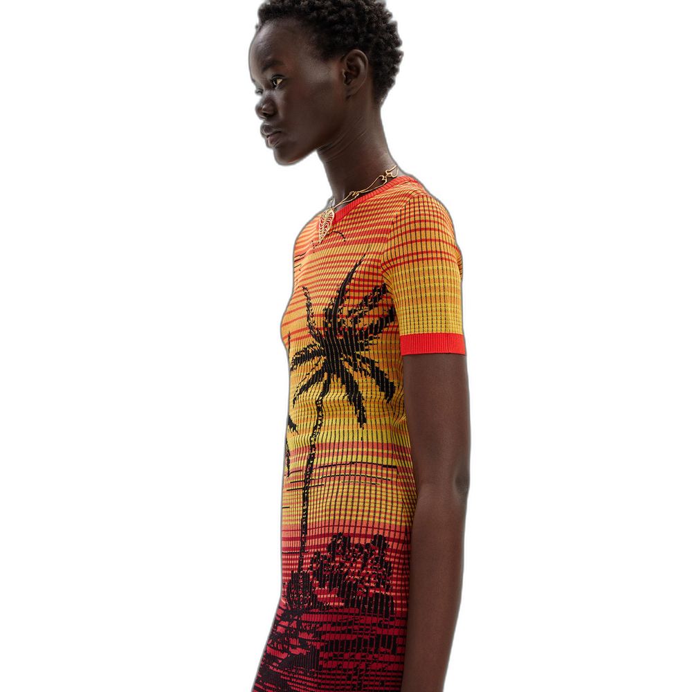 Desigual Red Viscose Midi women's spring/summer dress with palm tree design, composed of 75% viscose and 25% polyamide.