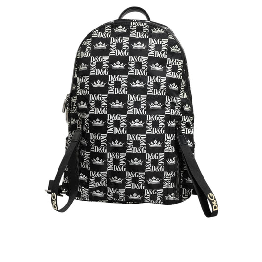 Dolce & Gabbana Black White Crown Printed Nylon School Backpack Bag BAG1666