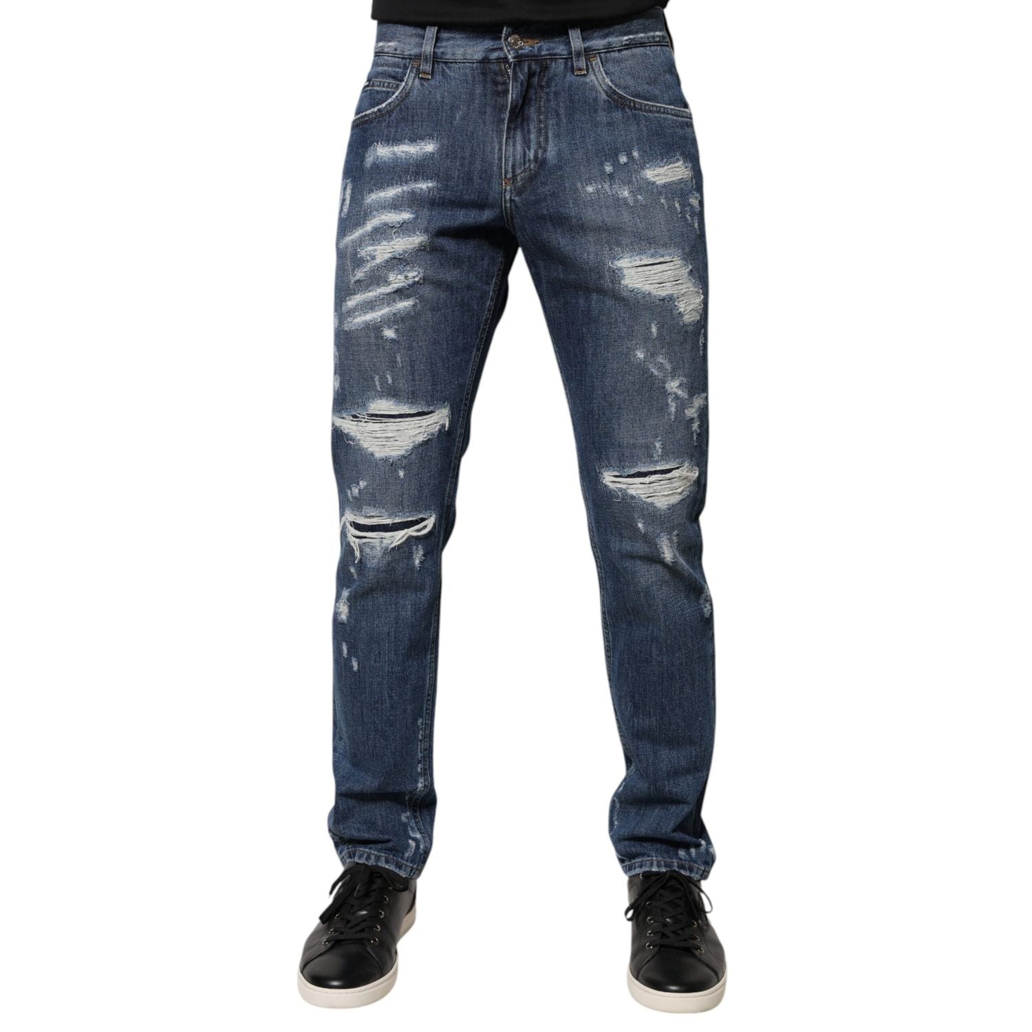 Dolce & Gabbana Blue Cotton Tattered Skinny Denim Jeans