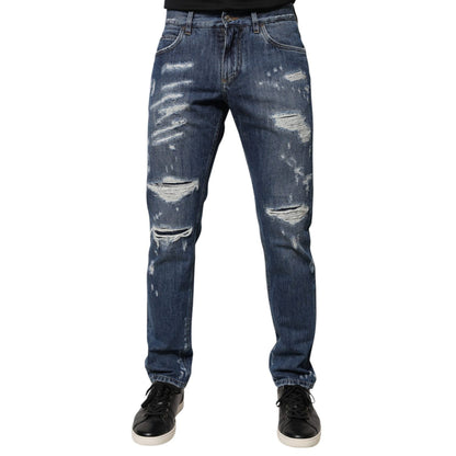 Dolce & Gabbana Blue Cotton Tattered Skinny Denim Jeans