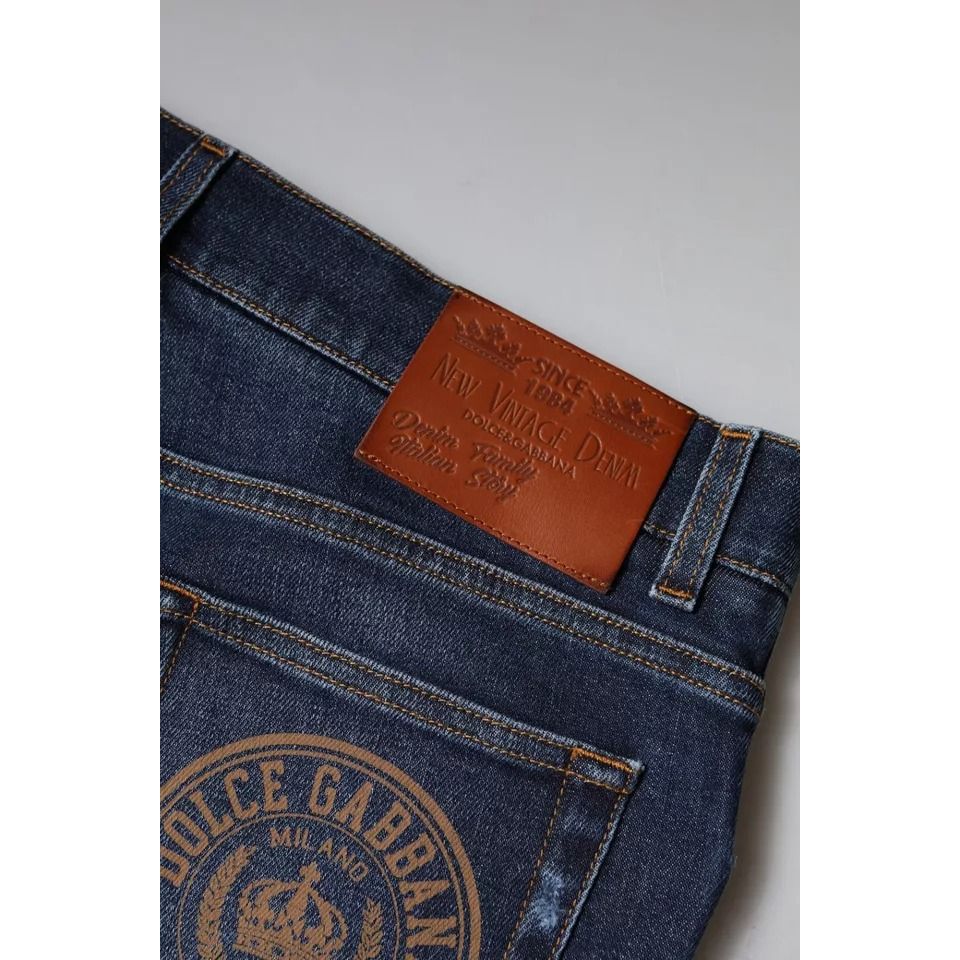 Dolce & Gabbana Blue Cotton Logo Print Slim Fit Denim Jeans