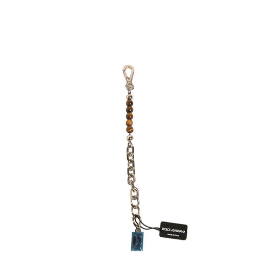 Dolce & Gabbana Silver Brass Chain Beaded Logo Plaque Keychain Keyring SMY10575
