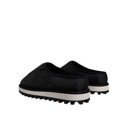 Dolce & Gabbana Black Nylon Quilted Logo Patch Sandals Slides Shoes