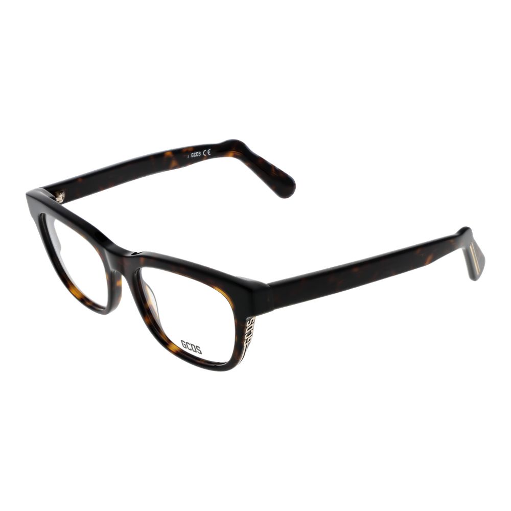 GCDS Brown Unisex Glasses Frame in acetate with square full-rim design, demo lenses, and branded case, size 52-18-145.