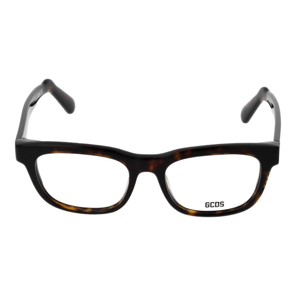 GCDS Brown Unisex Glasses Frame in acetate, full-rim square style with demo lenses, includes branded case, size 52-18-145.