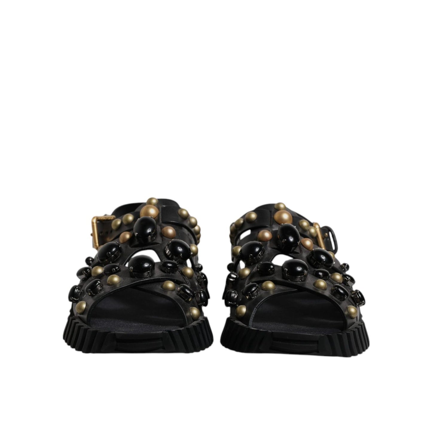Dolce & Gabbana Black Leather Studded Slides Sandals Shoes