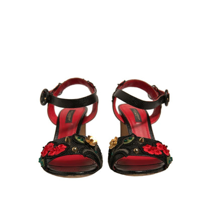 Dolce & Gabbana Black Embossed Carnation Heeled Sandals Shoes