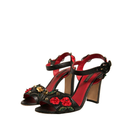 Dolce & Gabbana Black Embossed Carnation Heeled Sandals Shoes