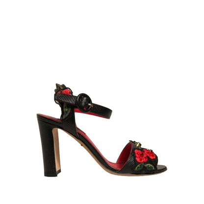 Dolce & Gabbana Black Embossed Carnation Heeled Sandals Shoes