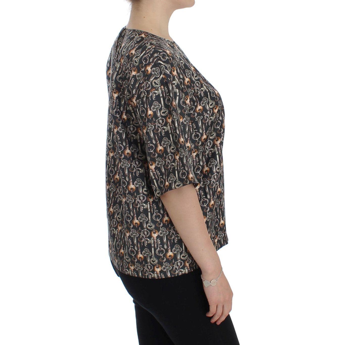 Dolce & Gabbana Gray Gold Key Print Silk Blouse T-shirt SIG13324-2