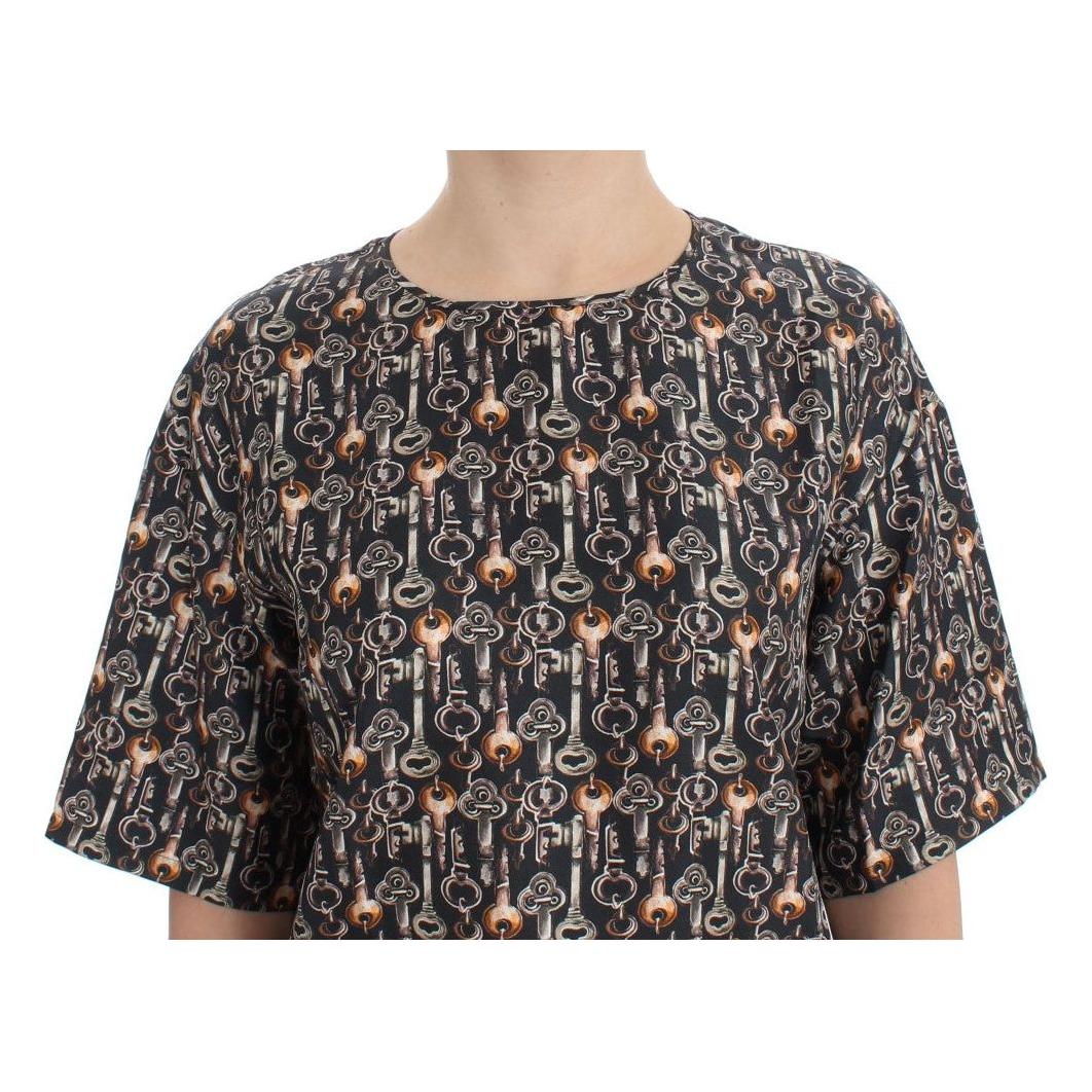 Dolce & Gabbana Gray Gold Key Print Silk Blouse T-shirt SIG13324-2