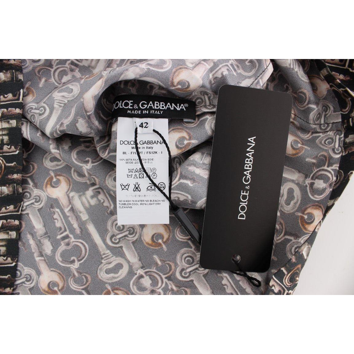 Dolce & Gabbana Gray Gold Key Print Silk Blouse T-shirt SIG13324-2