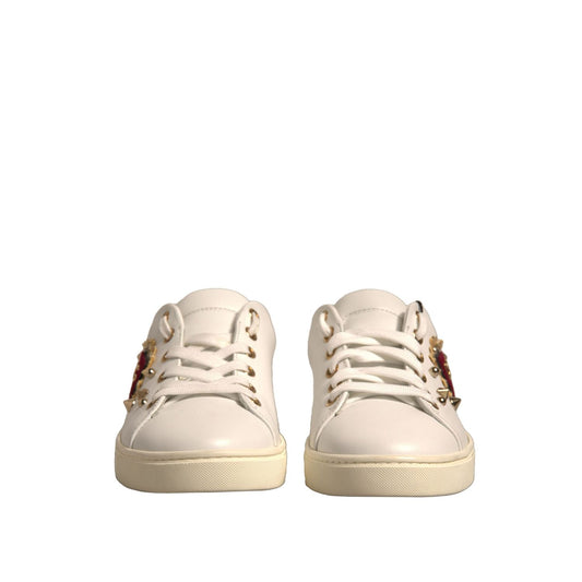 Dolce & Gabbana White Leather Gold Red Heart Sneakers Shoes LA12318-36