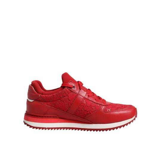 Dolce & Gabbana Red Floral Lace Leather Sneakers Shoes LA12348-36