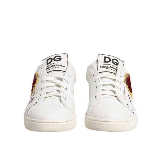 Dolce & Gabbana White Leather Heart Embellished Sneakers Shoes LA12372-40