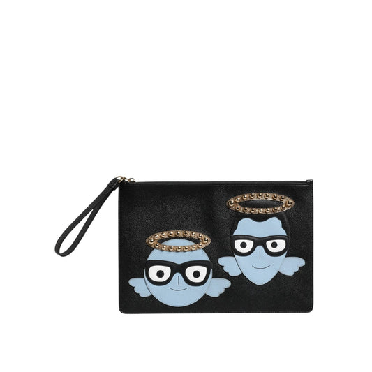 Dolce & Gabbana Black Leather #DGFAMILY Embellished Men Zip Pouch Bag BAG1614