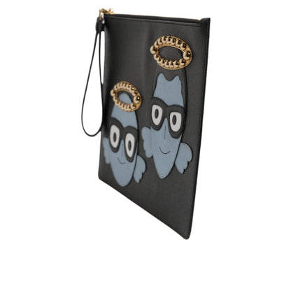 Dolce & Gabbana Black Leather #DGFAMILY Embellished Men Zip Pouch Bag