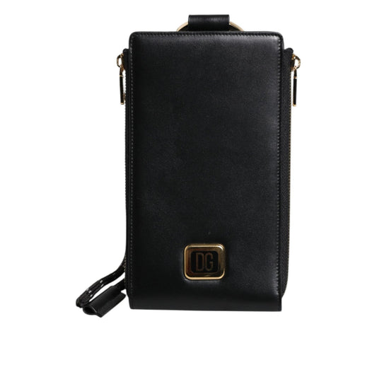Dolce & Gabbana Black Leather Logo Plaque Neck Strap Card Coin Wallet