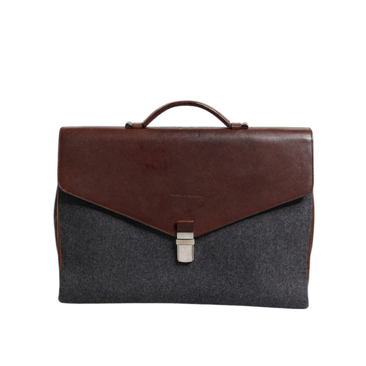 Brunello Cucinelli Brown Gray Leather Cognac Wool Business Tote Bag