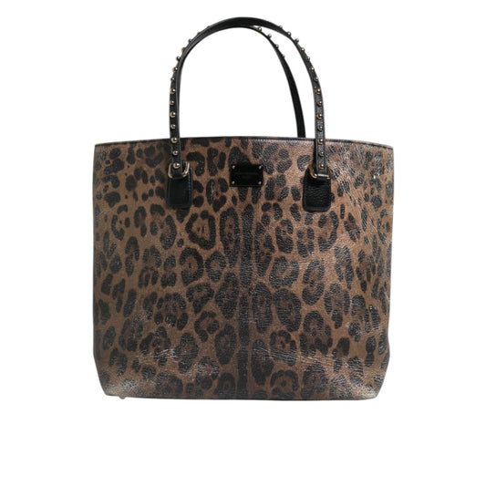 Dolce & Gabbana Brown Black Calfskin Leopard Print Shoulder Tote Bag BAG4078