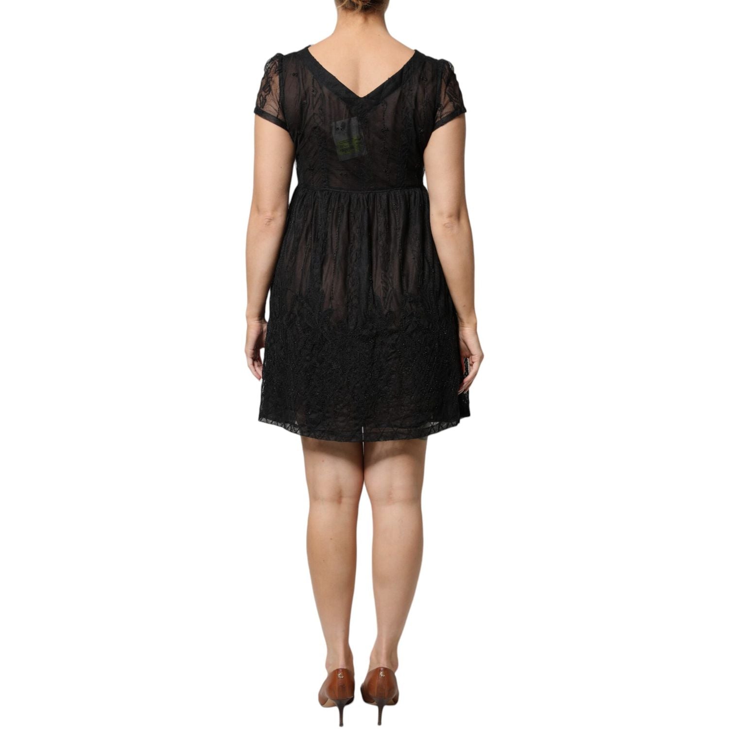 Blugirl Black Short Sleeves Floral Lace Trim A-line Mini Dress
