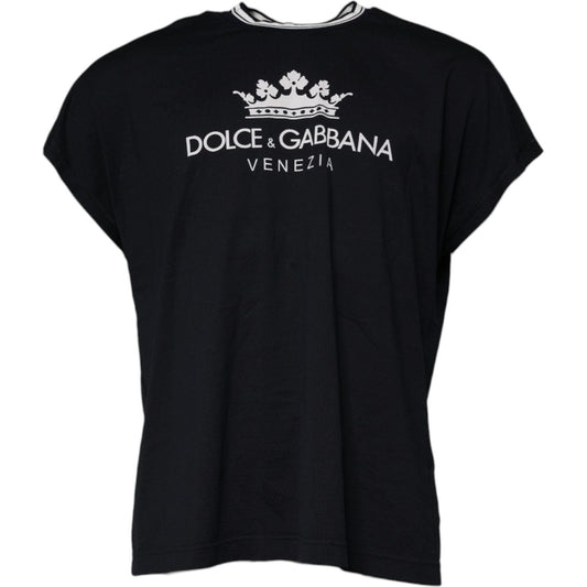 Dolce & Gabbana Dark Blue Logo Crown Cotton Crew Neck T-shirt TSH90053-44