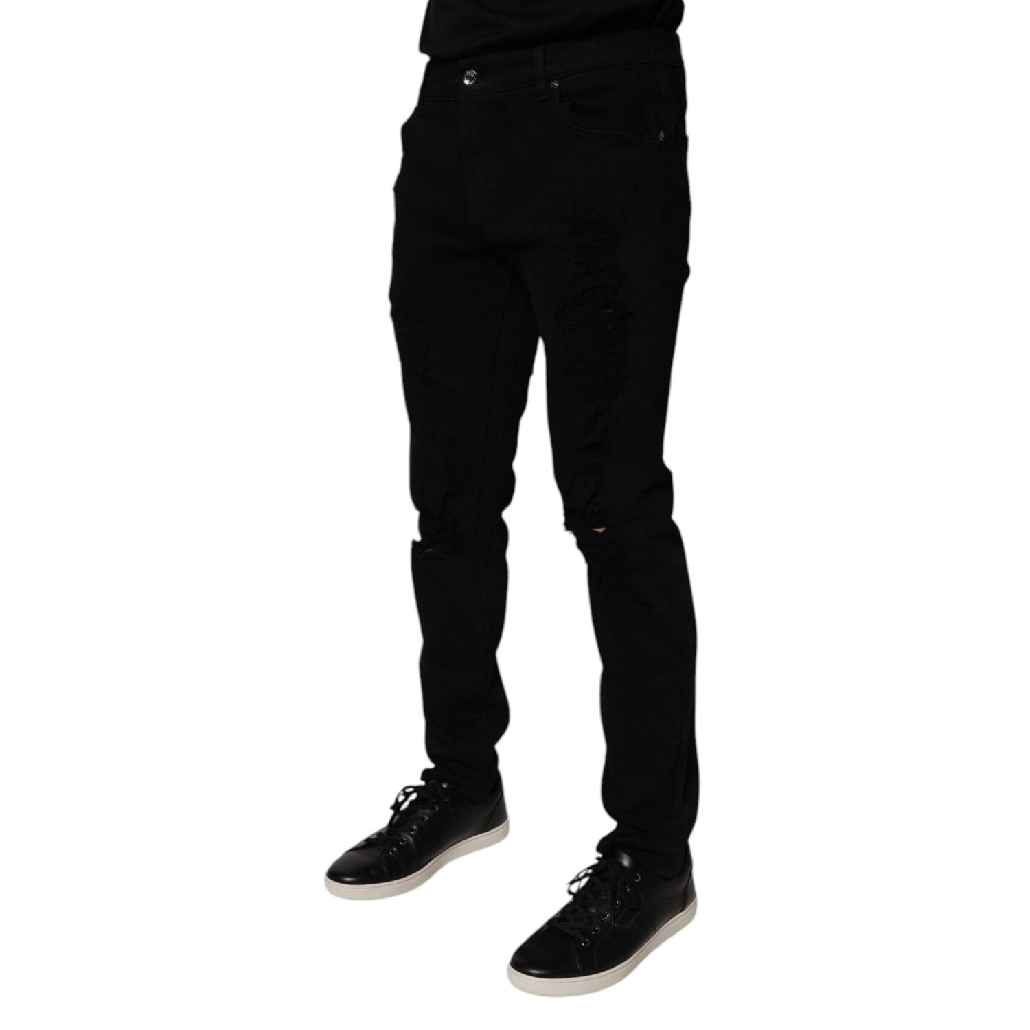 Dolce & Gabbana Black Tattered Cotton Skinny Men Denim Jeans