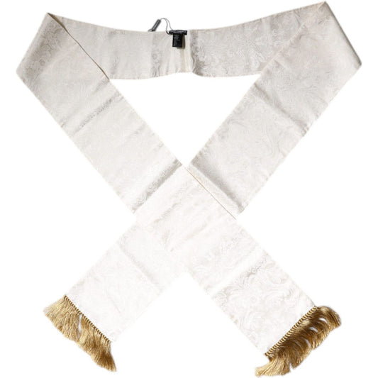 Dolce & Gabbana White Floral Jacquard Skinny Fringes Scarf MS7188