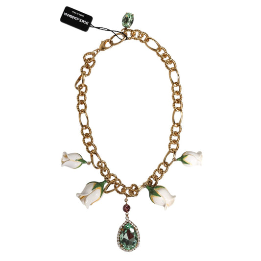 Dolce & Gabbana Gold Brass Short Chain Flower Crystal Pendant Necklace SMY10548