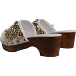 Dolce & Gabbana White Raffia Clogs Bejeweled Chain Sandals Shoes LA12502-35.5