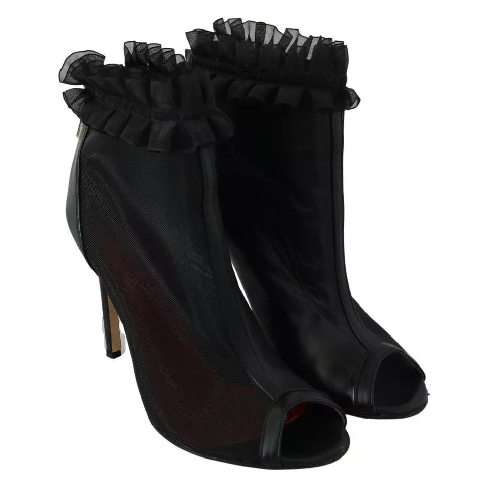 Mangano Black Leather Mesh Stiletto High Heels Peep Toe Boots Shoes LA8423-39