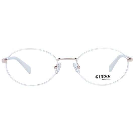 Guess White Unisex Glasses Frame in oval full-rim metal design with demo lenses.