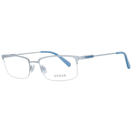 Guess Gray Men Glasses Frame, half-rim rectangle style with metal frame and demo lenses, 54-18-145 size, includes branded case.