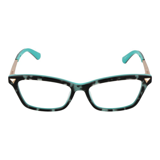 Guess Black Women Glasses Frame, full-rim rectangle style with black and turquoise pattern, size 52-15-140, metal & plastic material.