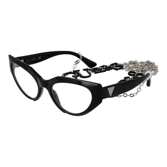 Guess Black Women Glasses Frame, full-rim black cat eye style with plastic material and branded case, features eyewear chain.