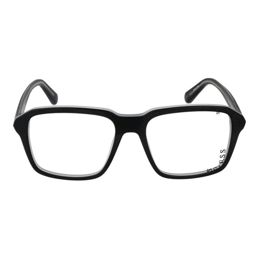 Guess Black Women Glasses Frame, black square full-rim design with plastic material, demo lenses, 54mm width, 140mm frame, branded case included.