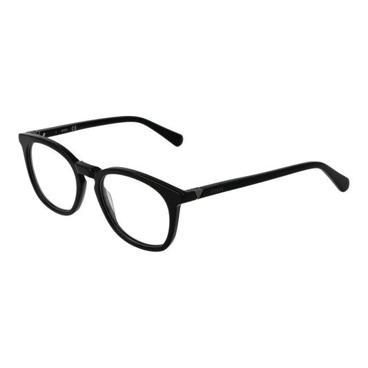 Guess Black Women Glasses Frame, full-rim, black plastic panto style, with demo lenses, size 51-19-145, includes branded case.