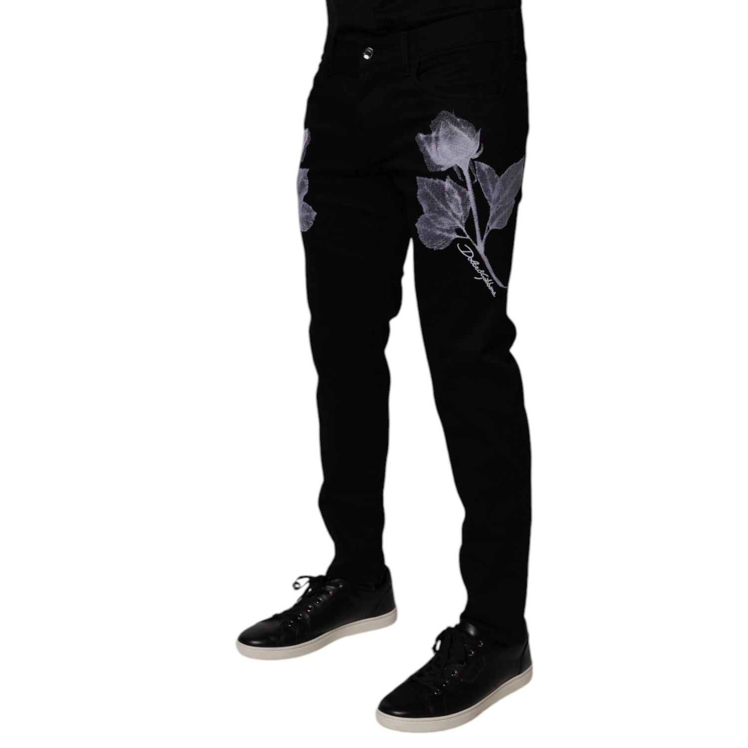 Dolce & Gabbana Black Floral Cotton Skinny Men Denim Jeans