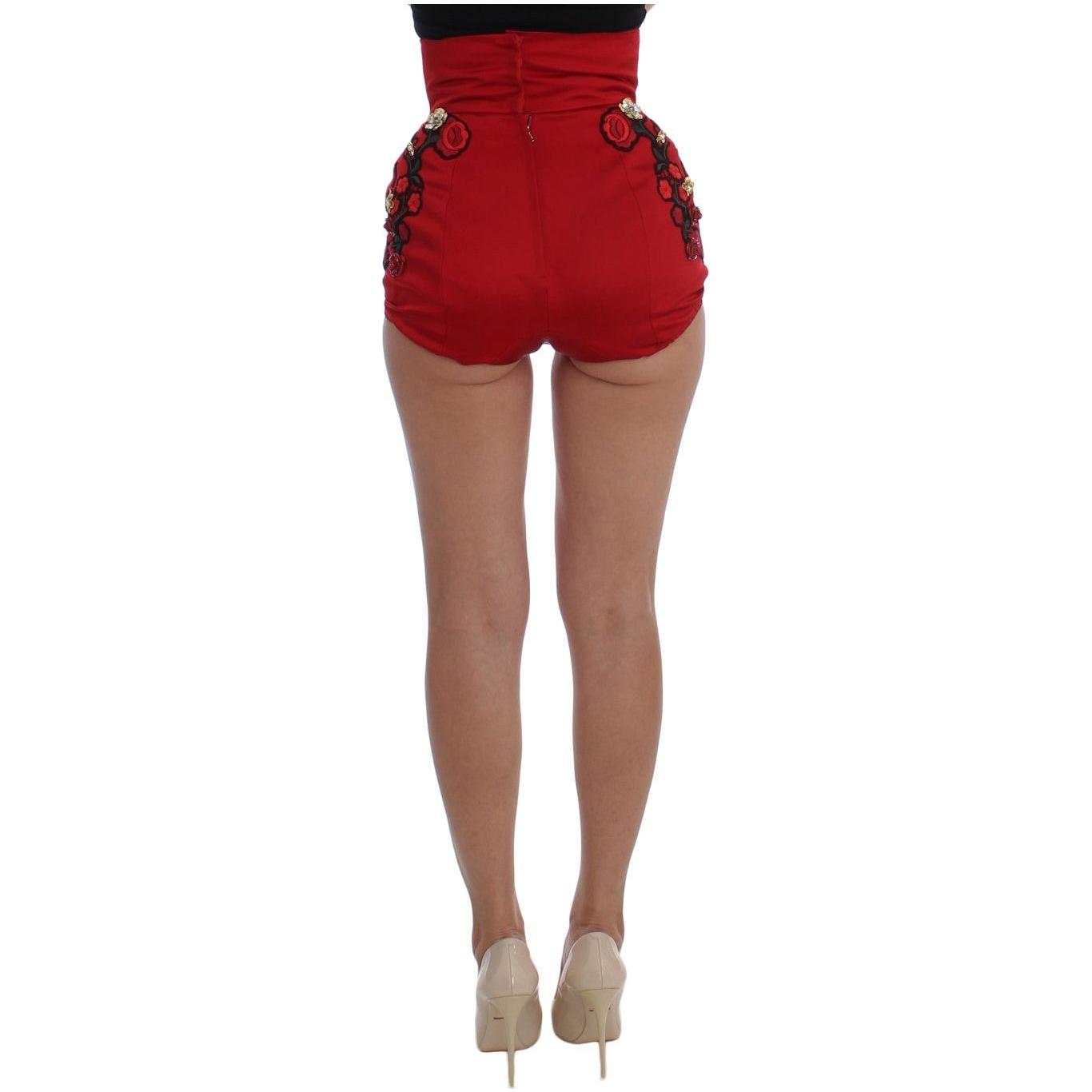 Dolce & Gabbana Red Silk Crystal Roses Shorts SIG20121-1