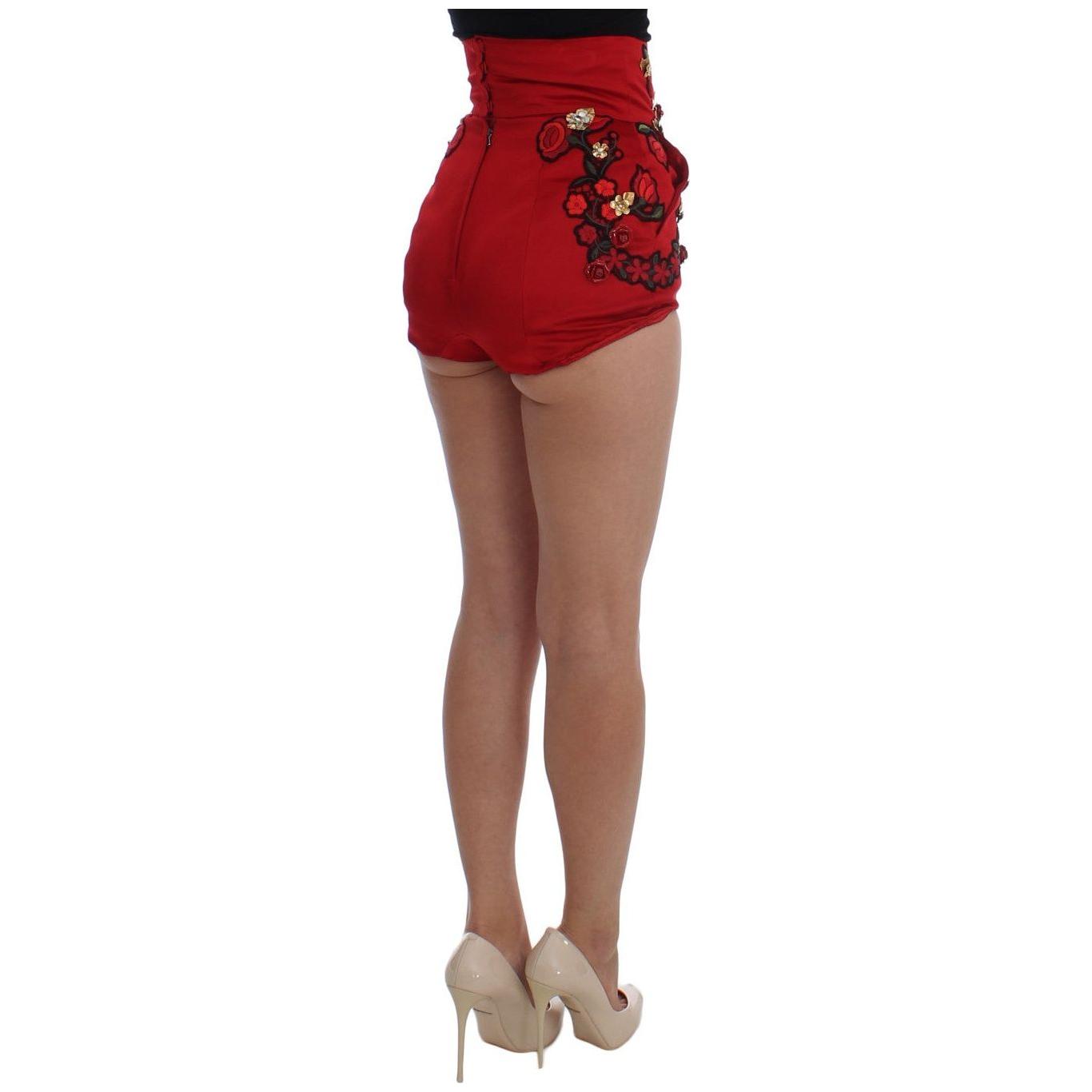 Dolce & Gabbana Red Silk Crystal Roses Shorts SIG20121-1