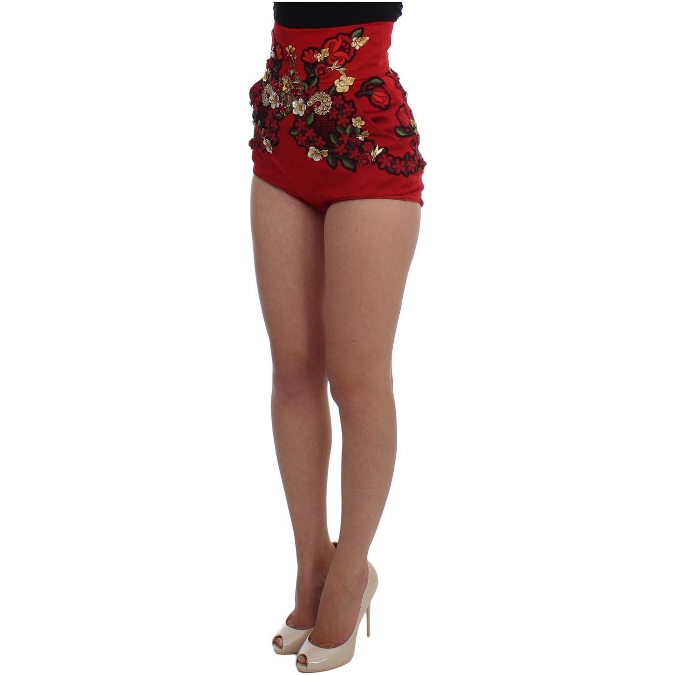 Dolce & Gabbana Red Silk Crystal Roses Shorts SIG20121-1