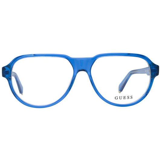 Guess Blue Men Glasses Frame with blue acetate aviator style and full-rim design, featuring demo lenses and branded case included.
