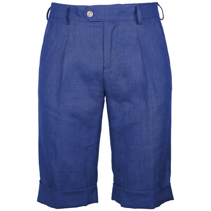 Made in Italy Blue Linen Short with darts, four pockets, and button zip fastening from Loro Piana, indigo wool-linen blend.