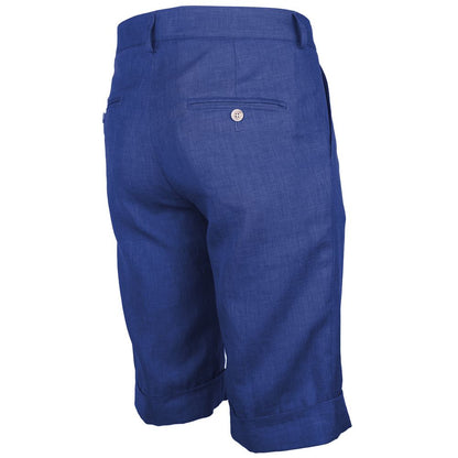 Made in Italy Blue Linen Short with wool blend, darts, and 4 pockets, back view of indigo blue shorts by Loro Piana.