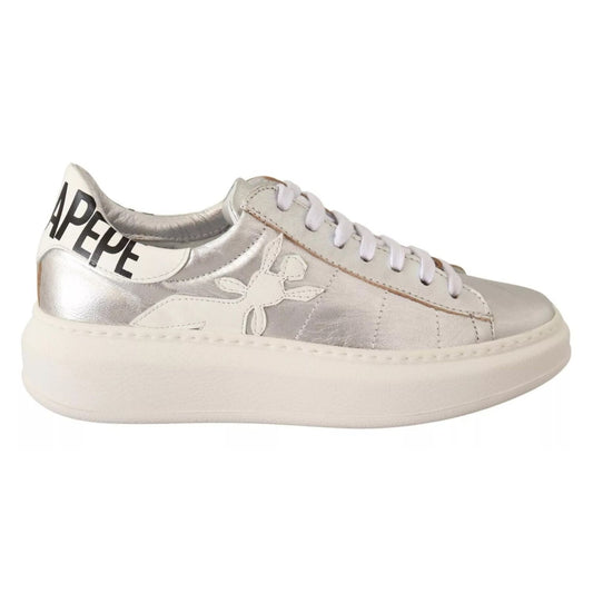 Patrizia Pepe Silver Full Grain Leather Lace Up Sneakers Shoes LA9356-35