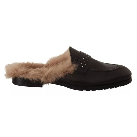Peserico Black Leather Fur Perforated Slip On Flats Shoes LA9373-37